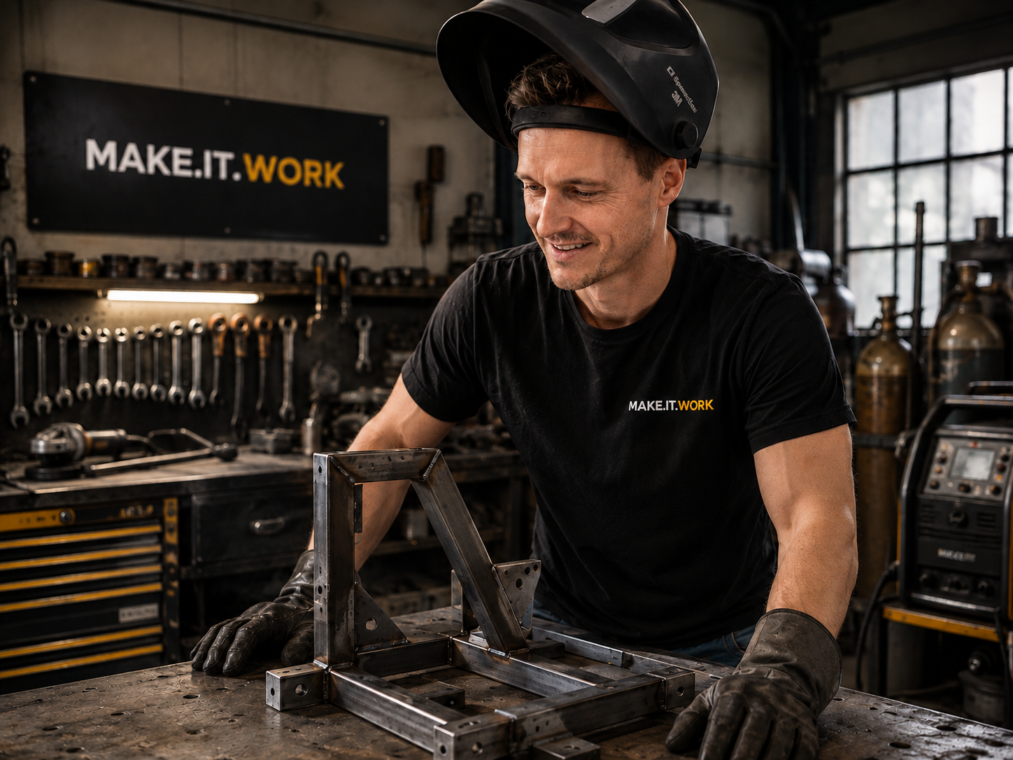Marco in the MAKE.IT.WORK workshop, welding helmet up, working on a fabricated steel frame