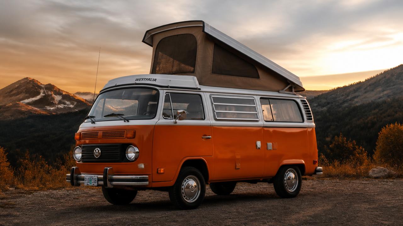 1982 orange and white Volkswagen Westfalia camper van